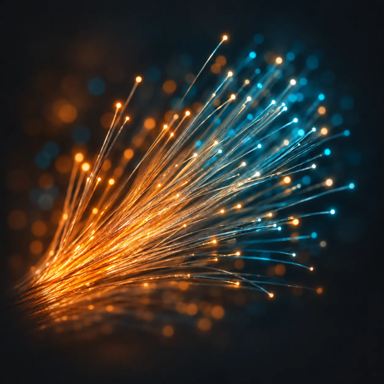 Close-up of optical fibers fanning out from an amber-lit bundle into aqua points of light.
